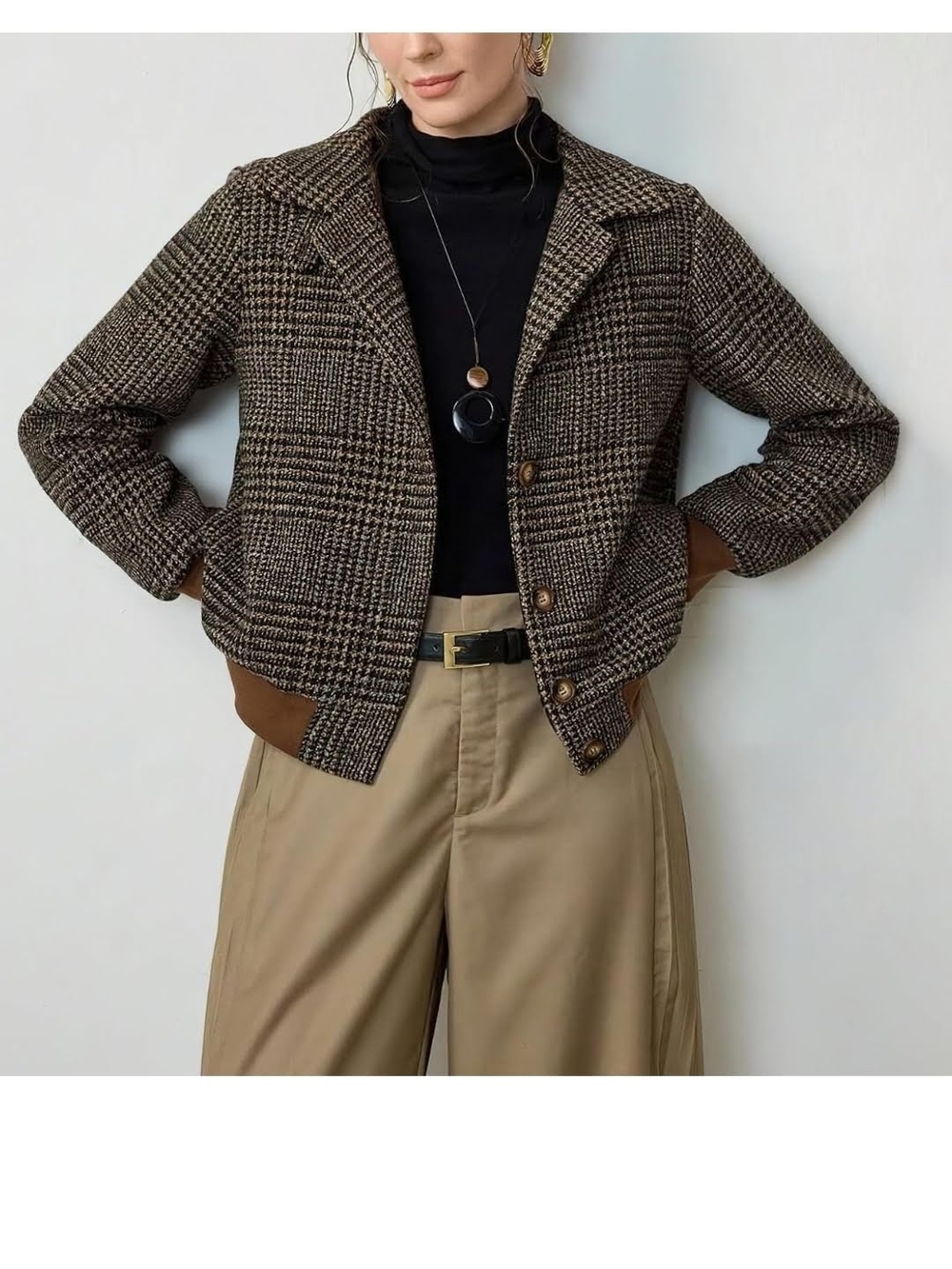Checked Brown Tweed Cropped Jacket. Women's Coat A Stellar Way To Enter Any Room